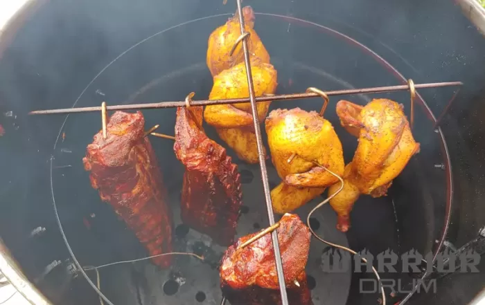 Chicken & Ribs In The Drum Smoker Hang Cooking Using A Rib Hanger